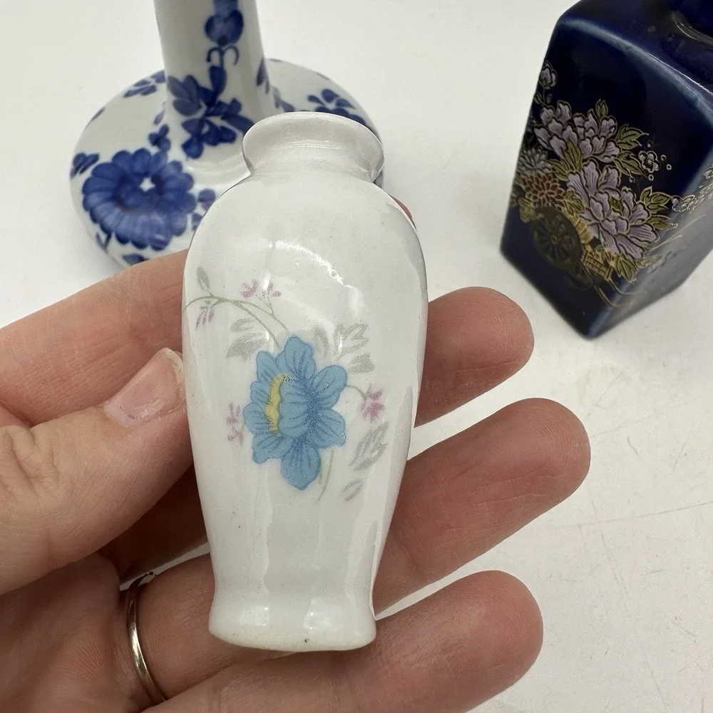 Vintage Lot Of 3 Miniature Porcelain Blue And White Vases 2-4